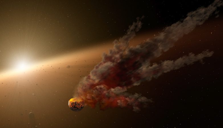Ilustração de artista que mostra o rescaldo imediato de um grande impacto de asteróide em torno de NGC 2547-ID8, uma estrela parecida com o Sol e com apenas 35 milhões de anos. O Spitzer testemunhou um grande surto de poeira em redor da estrela, provavelmente o resultado da colisão entre dois asteróides.