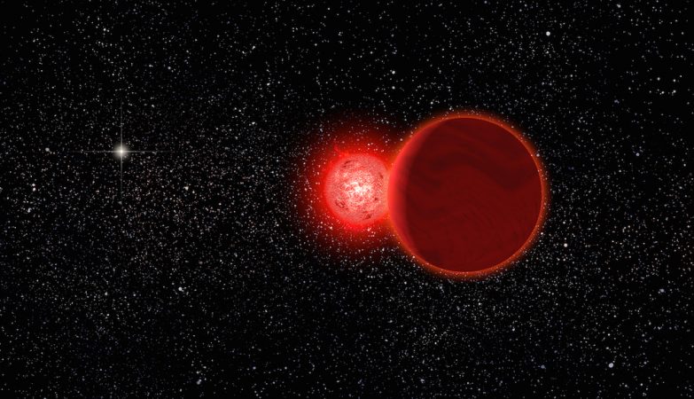 Conceito artístico deuma estrela anã vermelha e da sua companheira anã castanha (em primeiro plano) na sua passagem pelo Sistema Solar, há 70.000 anos. O Sol aparece como a estrela brilhante ao fundo. As estrelas estão agora a 20 anos-luz de distância.