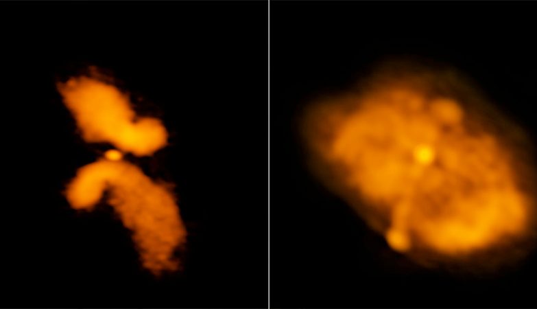 À esquerda temos a galáxia J0702+5002, que os investigadores concluíram não ser uma galáxia em forma de X, cuja forma é provocada por uma fusão. À direita está a galáxia J1043+3131, que é um candidato "genuíno" a um sistema que sofreu fusão