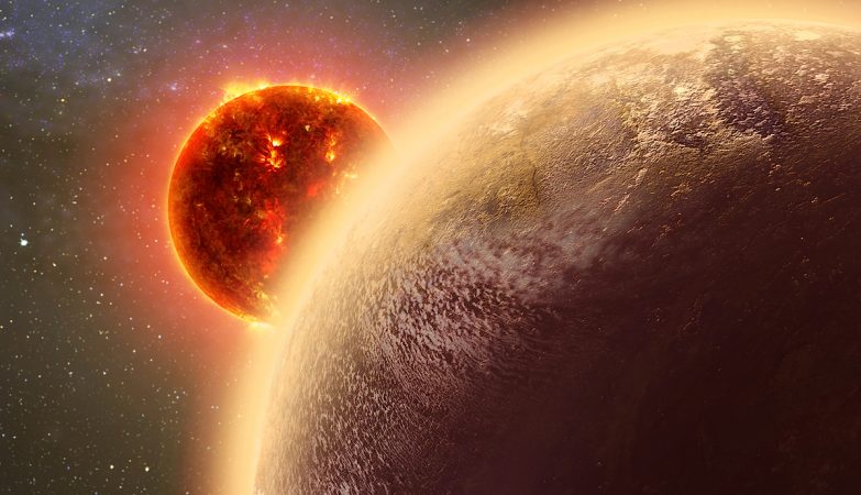  Impressão de artista de GJ 1132b, um exoplaneta rochoso muito parecido com a Terra no que toca ao tamanho e massa, que orbita uma anã vermelha.