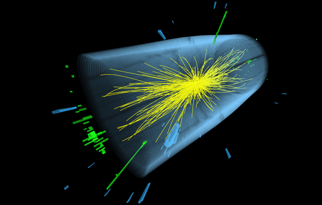 Pares de fotões (a verde) produzidos nas colisões do LHC sugerem a existência de um bosão com massa de 750 GeV