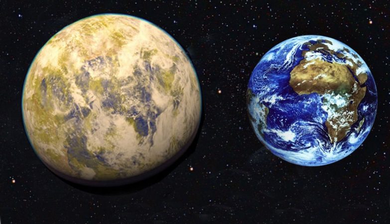  Impressão de artista da super-Terra Gliese 832c (à esquerda), em comparação com o planeta Terra.