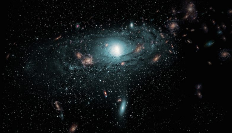 Impressão de artista das galáxias descobertas na "Zona de Evitamento" por trás da Via Láctea. Esta cena foi criada usando dados posicionais verdadeiros das novas galáxias e povoando aleatoriamente a região com galáxias de tamanhos, tipos e cores diferentes.