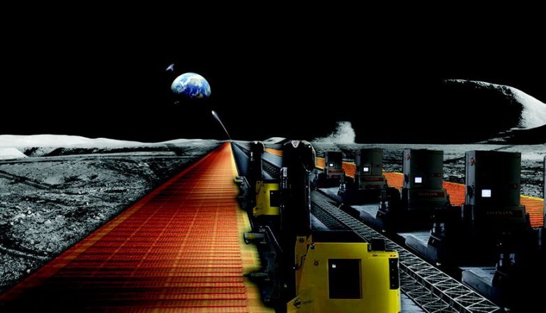 Conceito artístico do funcionamento de painéis solares construídos na Lua a enviar energia para a Terra