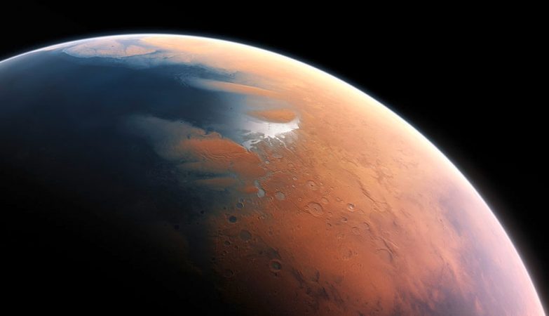 Conceito artística da superfície de Marte coberta de oceanos há 4 mil milhões de anos