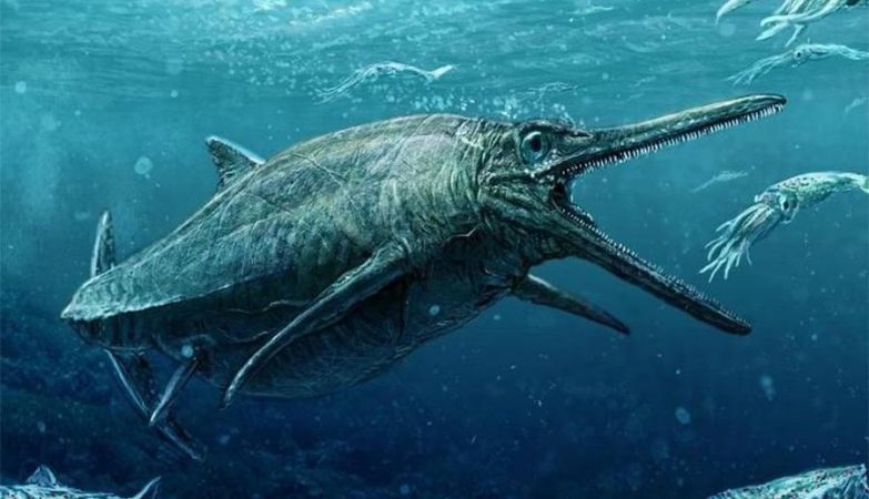 Ilustração do Monstro do Lago Storr, cujo fóssil jurássico foi encontrado na Ilha de Skye, Escócia. 