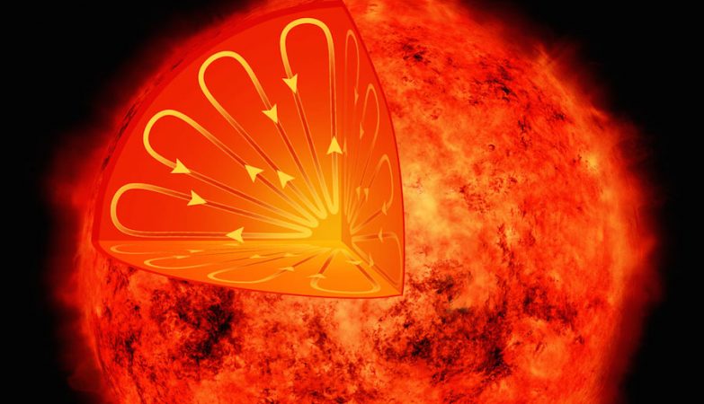  Impressão de artista que mostra o interior de uma estrela de baixa massa. Estas estrelas têm estruturas interiores diferentes do nosso Sol, de modo que não se esperava que tivessem ciclos de atividade magnética. No entanto, os astrónomos descobriram que a estrela vizinha Proxima Centauri desafia essa expetativa e mostra sinais de um ciclo de atividade com a duração de 7 anos.