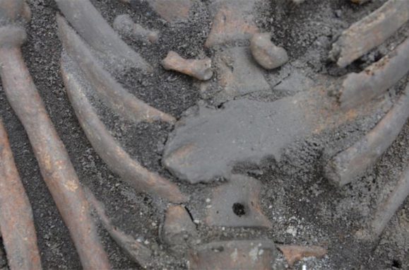 Perfuração nas vértebras indica que esqueleto foi cravado ao solo.