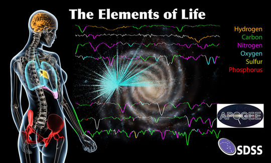 I sei elementi più comuni della vita sulla Terra (carbonio, idrogeno, azoto, ossigeno, zolfo e fosforo) sono anche la più abbondante nel centro della nostra galassia