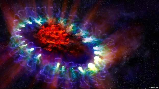 Uma enorme quantidade de poeira (vermelho) foi detectada no centro da supernova