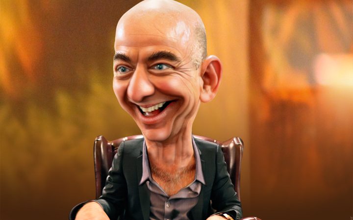 Jeff Bezos, fundador e CEO da Amazon, caricatura de Donkey Hotey
