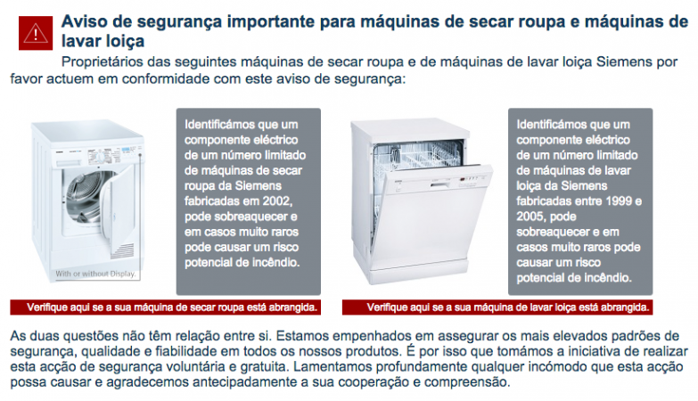 Neste momento, a Siemens alerta para alguns modelos de máquinas de lavar louça e de secar roupa que podem sobreaquecer