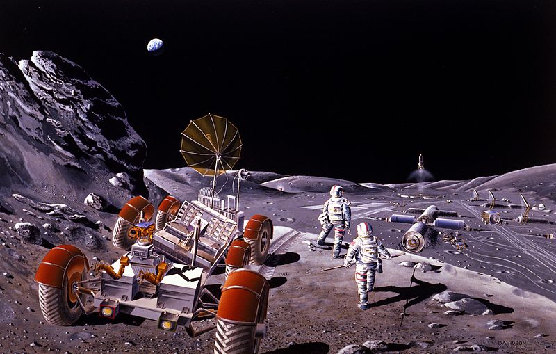 Conceito artístico de uma base lunar, com astronautas e um rover lunar semelhante aos 3 usados nos programas Apollo da NASA 