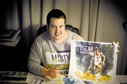 Ricardo Drumond com a ilustração de Óscar para a NBA