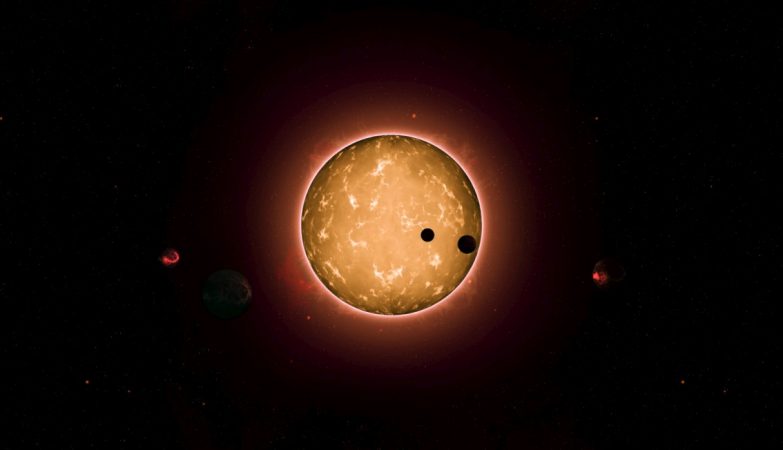 Imagem artística do sistema Kepler-444, com os seus cinco planetas do tipo terrestre, dois dos quais em trânsito.