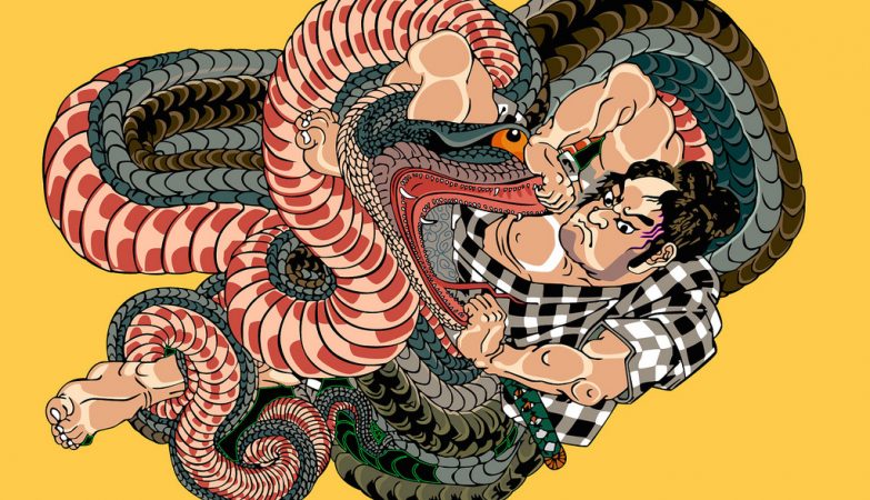 Saginoike Heikuro luta com a serpente gigante à beira do lago Sayama (ilustração baseada na pintura de Utagawa Kuniyoshi)