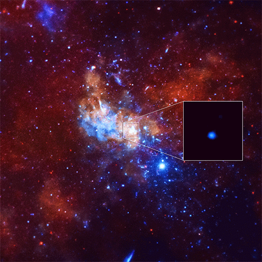  Astrónomos detetaram a maior explosão de raios-X do buraco negro supermassivo no centro da Via Láctea com o Observatório Chandra da NASA. Este evento foi 400 vezes mais brilhante do que o "output" normal de raios-X do buraco negro.
