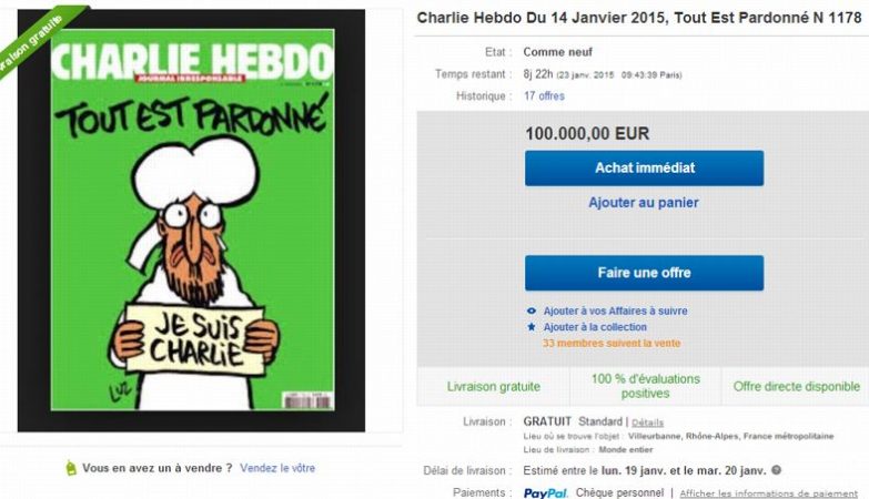 Charlie Hebdo à venda por 100 mil euros no eBay