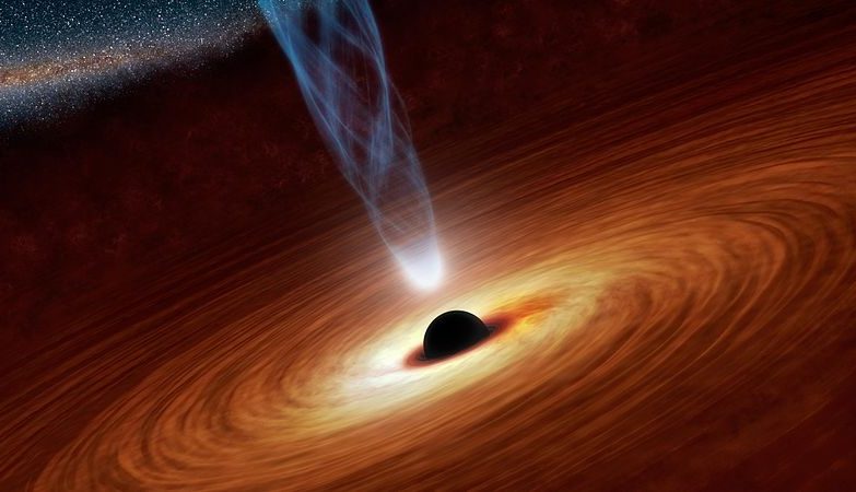 Conceito artístico de um buraco negro supermassivo, com biliões de vezes a massa do nosso Sol, a ejectar um fluxo de partículas energéticas propulsionadas pela rotação do buraco negro.