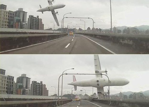 Avião "tropeça" numa ponte e cai no rio Keelung em Taipei, Taiwan