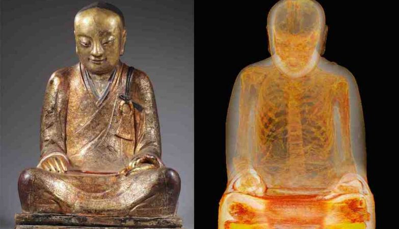 O mestre budista Liuquan: estátua (esq) e resultado de tomografia computorizada (dir)