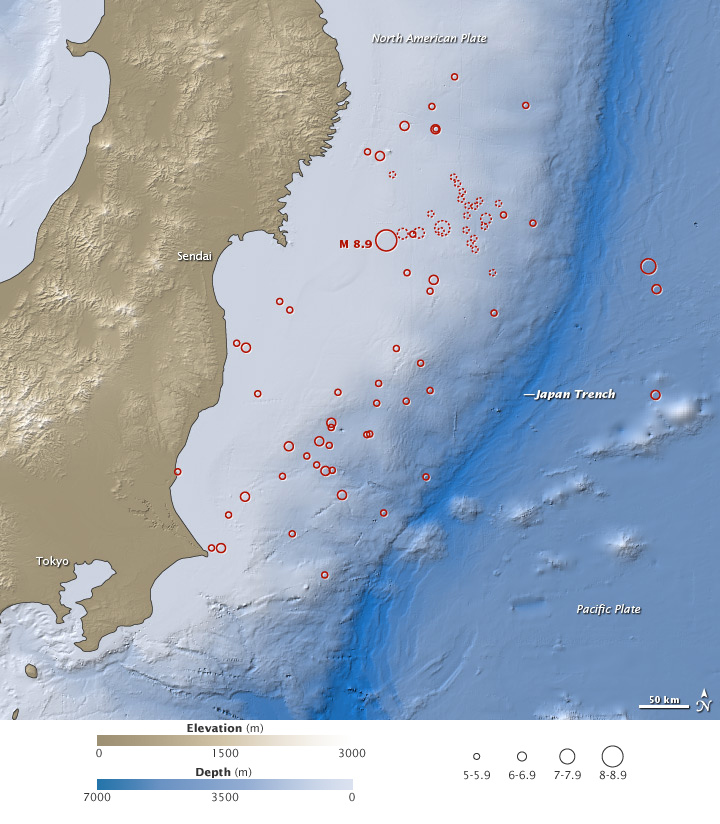 Mapa com a localização dos sismos de 11 de março de 2011 em Sendai, no Japão. A magnitude do sismo é representada pela dimensão do círculo