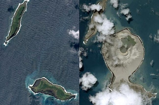 Imagens de satélite mostram o local antes e depois da erupção, onde existe agora uma formação rochosa com uma cratera no centro 