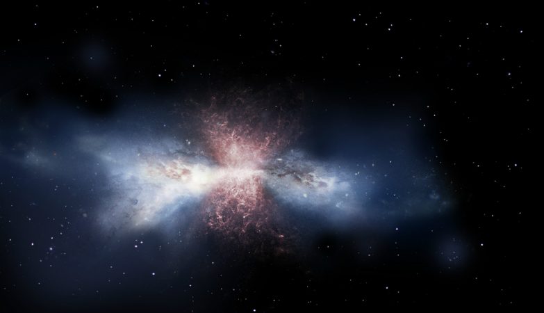 Esta impressão de artista mostra o fluxo de gás molecular (vermelho) numa galáxia que contém um buraco negro supermassivo no seu centro.
