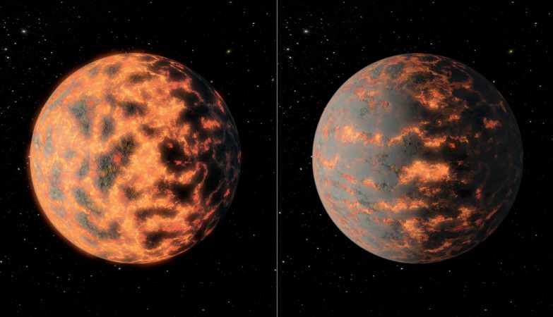 Conceito artístico da super-Terra 55 Cancri e, que mostra uma superfície parcialmente fundida antes e depois da possível atividade vulcânica no lado diurno.