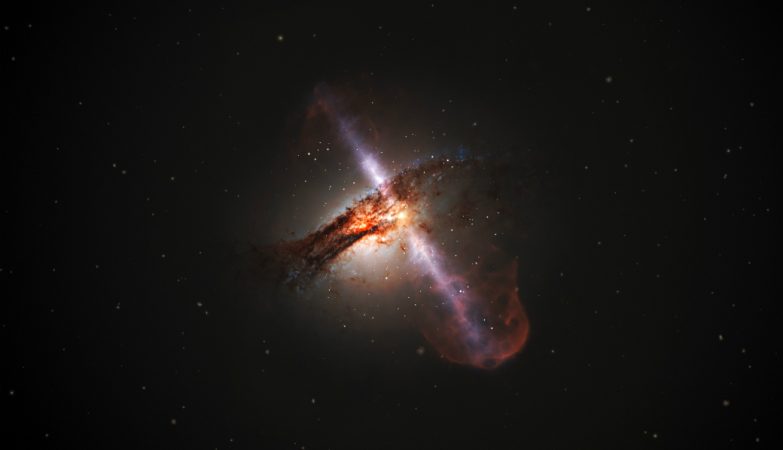 Os jatos velozes oriundos de buracos negros supermassivos são fluxos de plasma que resultam da extração de energia da rotação de um buraco negro supermassivo à medida que consome o disco rodopiante de matéria que o rodeia