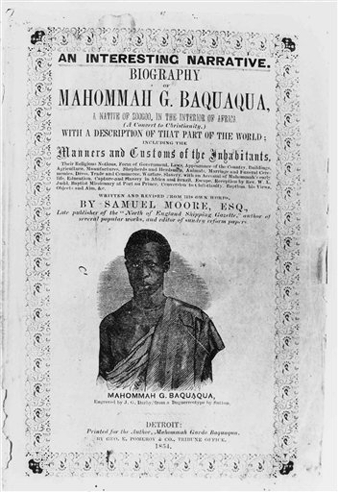 Mahommah Gardo Baquaqua na capa do livro de Samuel Moore