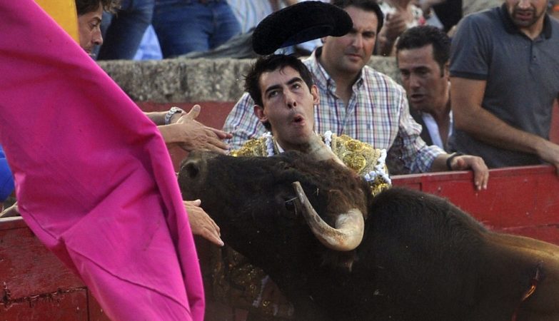 O toureiro Saúl Jimenez Fortes apanhado por um touro em Salamanca