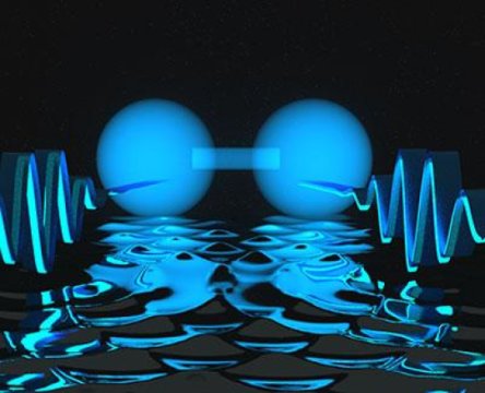 Dois fotões representados por ondas podem ser unidos a uma curta distância. Sob determinadas condições, os fotões podem chegar a um estado semelhante ao de uma molécula de dois átomos
