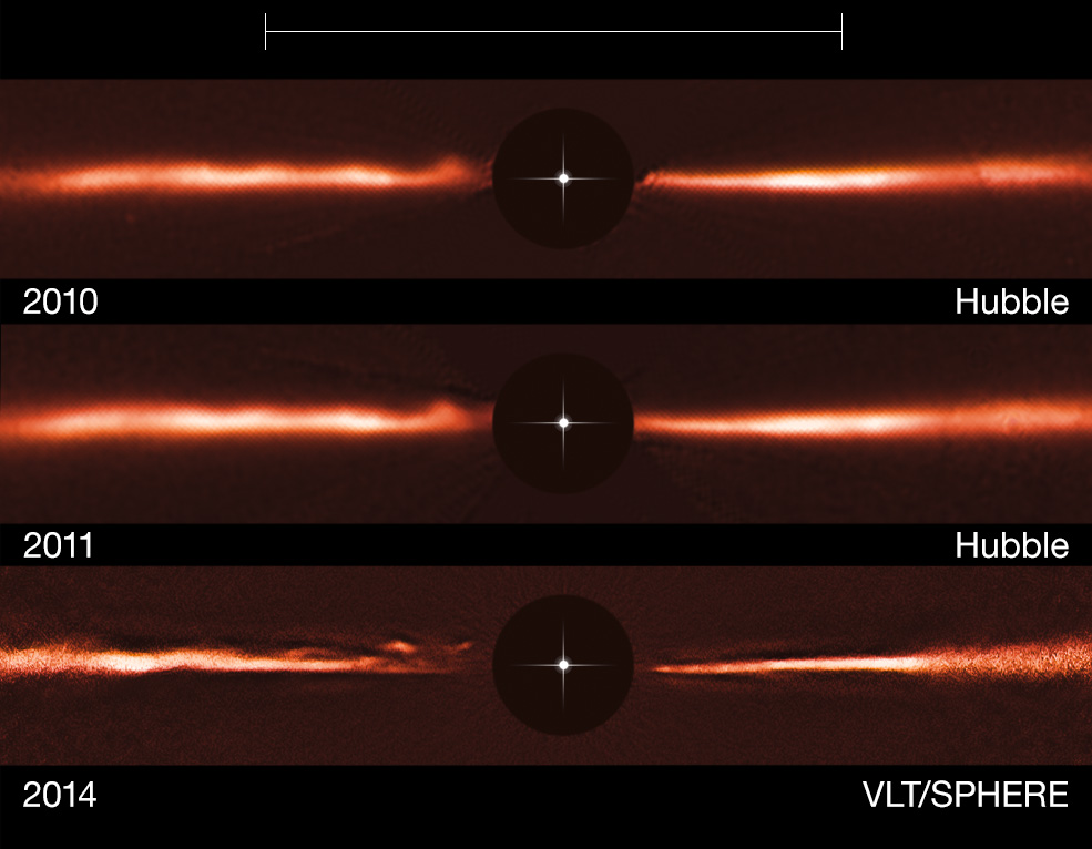 Com o auxílio de imagens do VLT do ESO e do Telescópio Espacial Hubble da NASA/ESA, os astrónomos descobriram estruturas do tipo de ondas que se deslocam rapidamente no disco de poeira que rodeia a estrela AU Microscopii. Estas estranhas estruturas não se parecem com nada que tenha sido observado, ou mesmo previsto, até à data. A linha de cima mostra uma imagem do Hubble obtida em 2010 do disco da AU Mic, a linha central corresponde a uma imagem do Hubble de 2011 e a linha de baixo mostra dados do VLT/SPHERE de 2014. Os círculos pretos centrais tapam a luz brilhante da estrela central de modo a podermos observar o disco que é muito mais ténue. A posição da estrela está marcada esquematicamente.