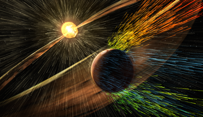  Impressão de artista de uma tempestade solar que atinge Marte e retira iões da atmosfera superior do planeta.