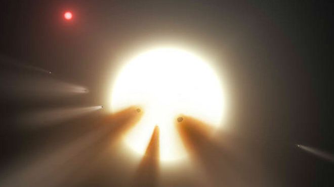 Conceito artístico do aspecto de uma estrela vista atrás de um cometa fragmentado; observações sugerem que esse seja o motivo dos misteriosos padrões de luz da estrela KIC 8462852