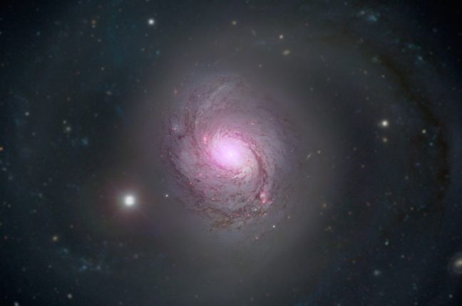 A galáxia M77 pode ser aqui vista composição no visível e em raios-X. Os raios-X altamente energéticos (magenta) capturados pelo NuSTAR, estão sobrepostos em imagens óticas captadas pelo Telescópio Espacial Hubble e pelo SDSS (Sloan Digital Sky Survey). Os raios-X vêm de um buraco negro supermassivo e ativo, também conhecido como quasar, no centro da galáxia. Este buraco negro supermassivo tem sido estudado extensamente devido à sua relativa proximidade com a Via Láctea.
