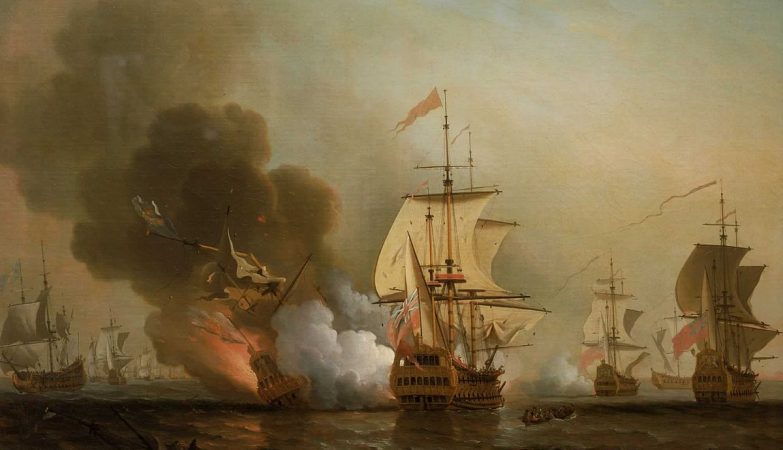 Uma esquadra britânica ataca uma frota espanhola ao largo de Cartagena, 1708. O essencial do tesouro espanhol perde-se no naufrágio do San José, destruído pela explosão do seu paiol (óleo de Samuel Scott, 1770)