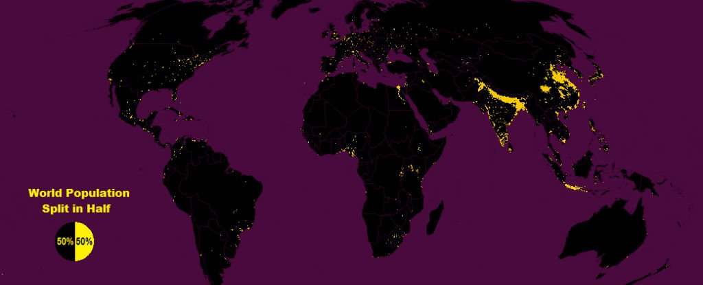 Distribuição da população mundial. A amarelo, metade da população mundial.