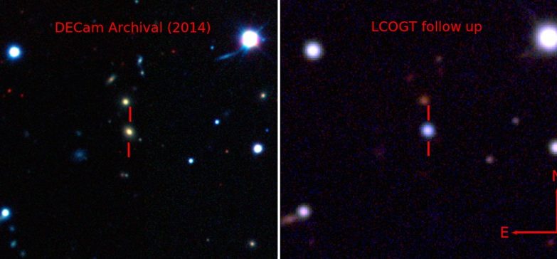 À esquerda, a galáxia está em destaque. À direita, ofuscada pela supernova.