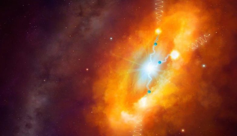  Impressão de artista de nuvens moleculares gigantes que rodeiam o Centro Galáctico, bombardeadas por protões altamente energéticos acelerados na vizinhança do buraco negro central, que subsequentemente brilham em raios-gama.