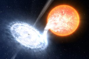 Impressão de artista de um buraco negro semelhante ao V404 Cyg a devorar matéria de uma estrela próxima