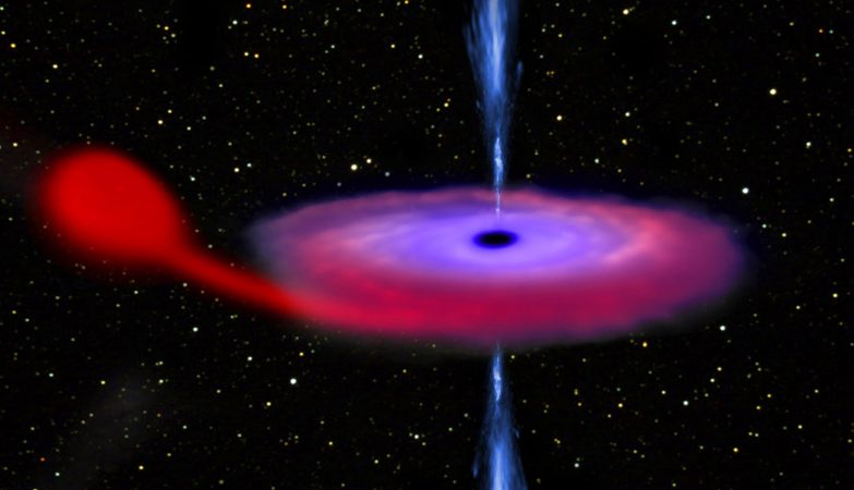 Impressão de artista mostrando um buraco negro a engolir matéria da sua estrela, num sistema binário