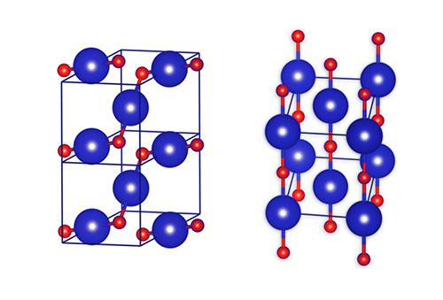 Estruturas dos cristais de monóxido de krypton (KrO) com os átomos de krypton a azul e os de oxigénio a vermelho. 