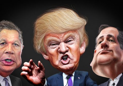 Os candidatos republicanos John Kasich, Donald Trump e Ted Cruz, por Donkey Hotey