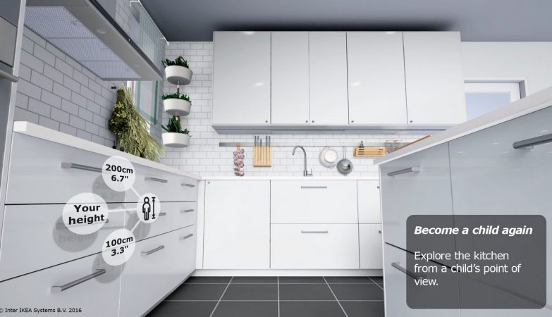 Uma cozinha vista da perspectiva de uma criança no IKEA VR Experience