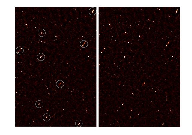 Imagens da região ELAIS-N1, com os jatos de galáxias alinhados (as galáxias alinhadas têm círculos brancos à sua volta, na imagem da esquerda)