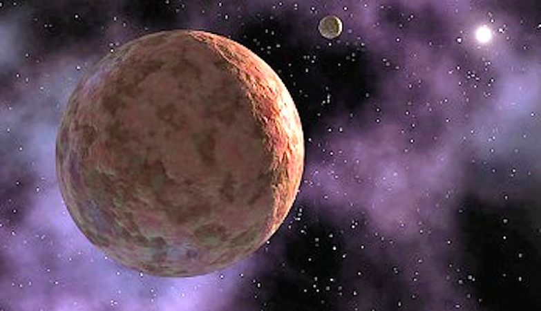 Conceito artístico do planeta anão 2007 OR10, ou Snow White. A sua cor rosa é devida à presença de metano congelado à superfície