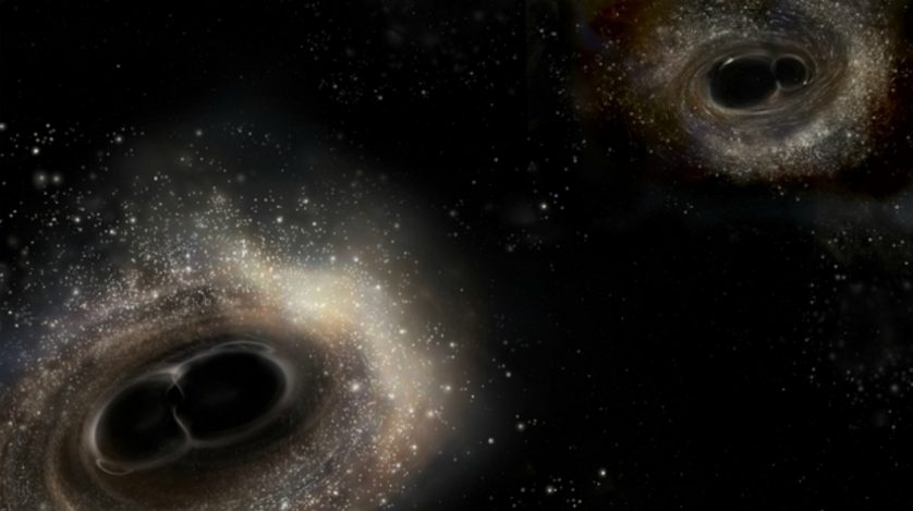 Representação artística das fusões de buracos negros detectadas pelo LIGO