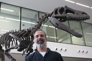 Paleontólogo Sebastián Apesteguía com réplica do esqueleto do Gualicho Shinyae